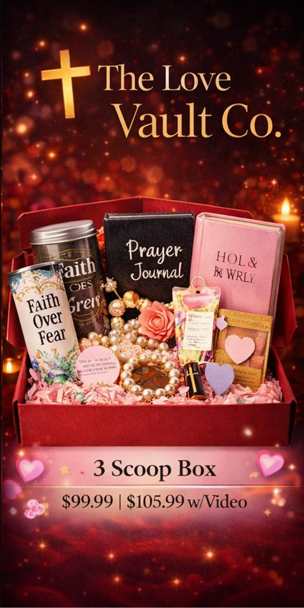 Gift set from The Love Vault Co. with books, a prayer journal, and a 3 Scoop Box on a dark background.