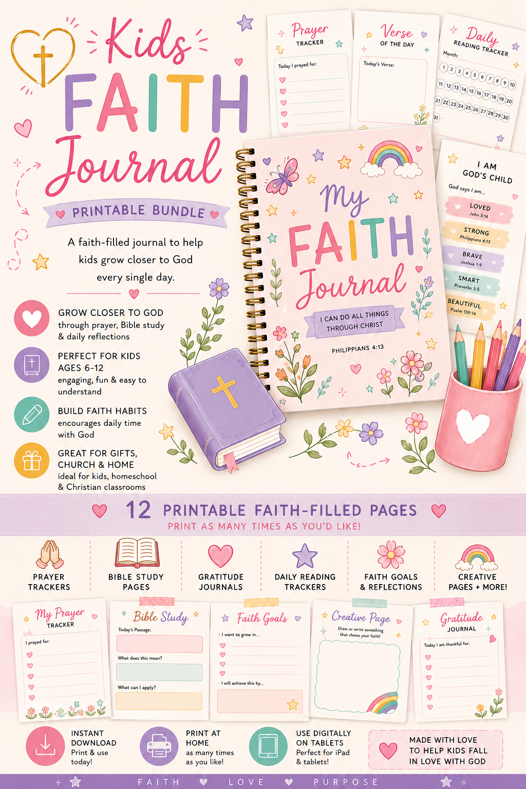 Kids Faith Journal Printable Bundle | Faith Journal for Girls